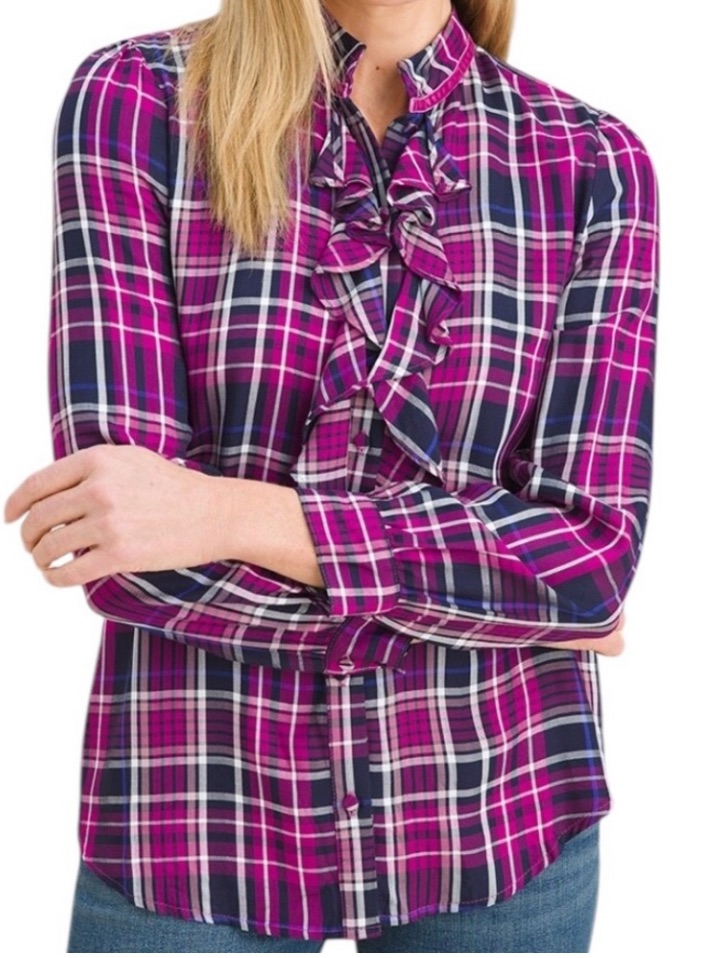 Chico's Navy & Pink Plaid Button-Up Ruffle Neck Blouse